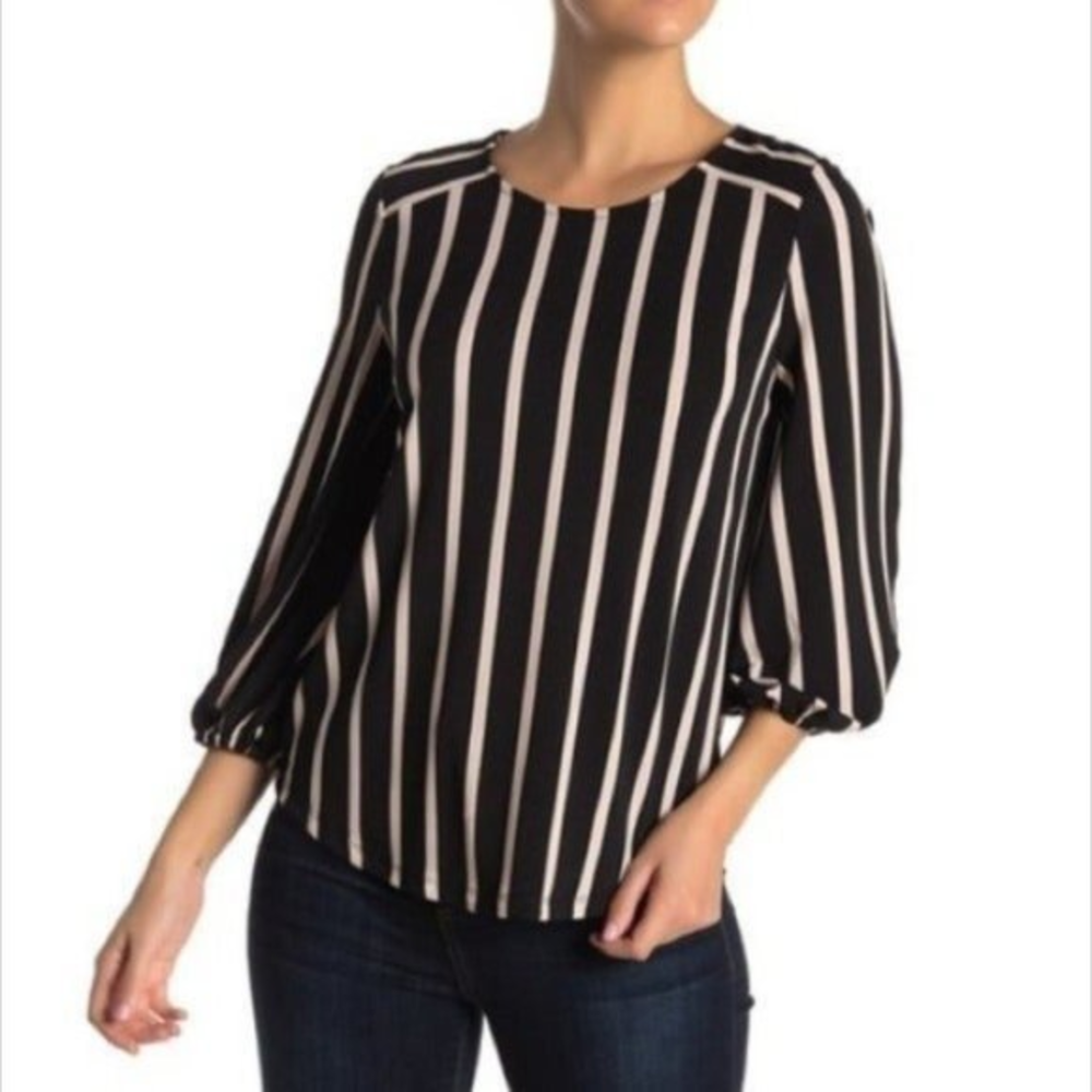 Adrianna Papell Large L Black Pink Vertical Stripe Stretch Peasant Sleeve Top